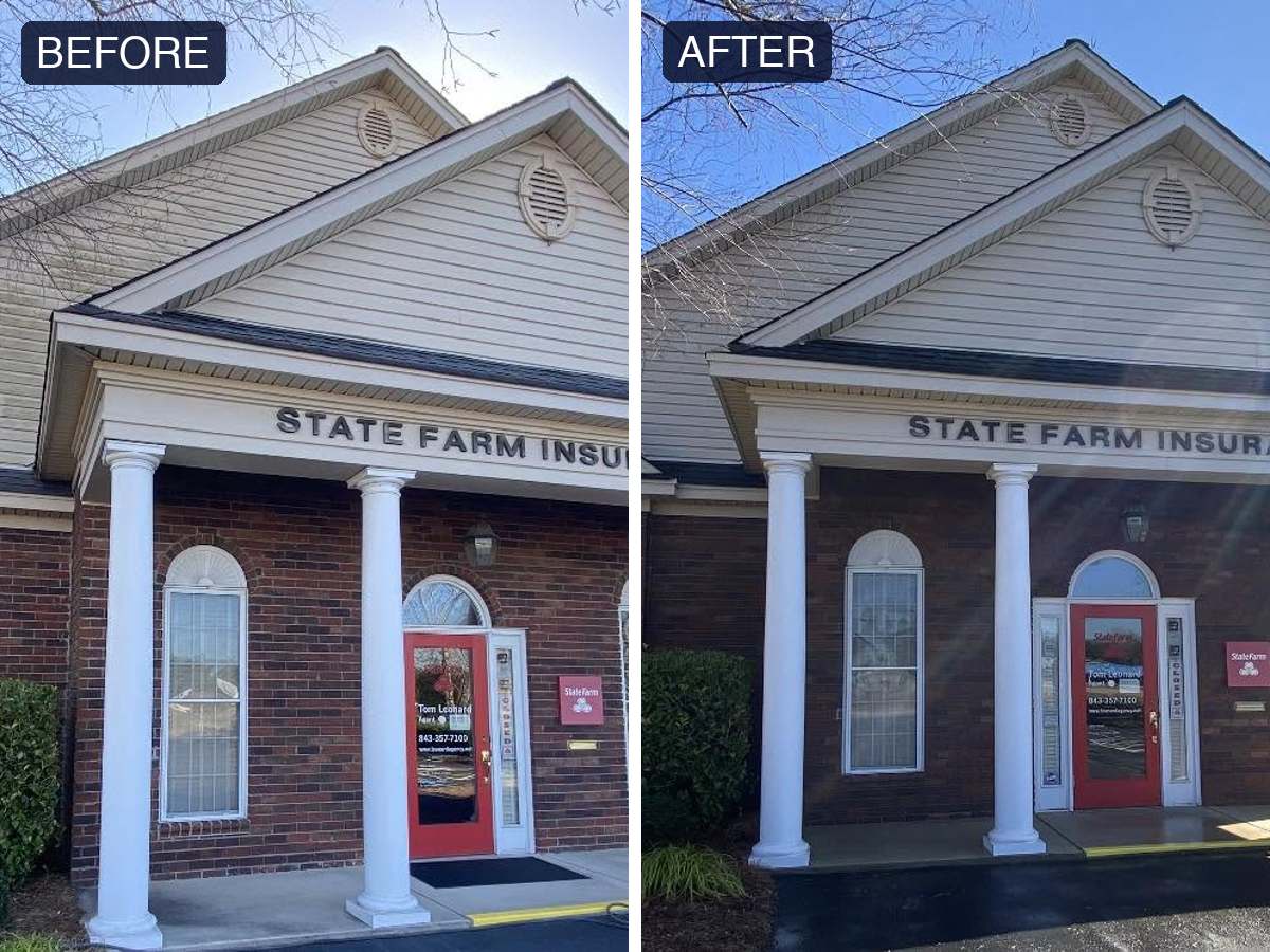 Before and after exterior cleaning of a commercial office building
