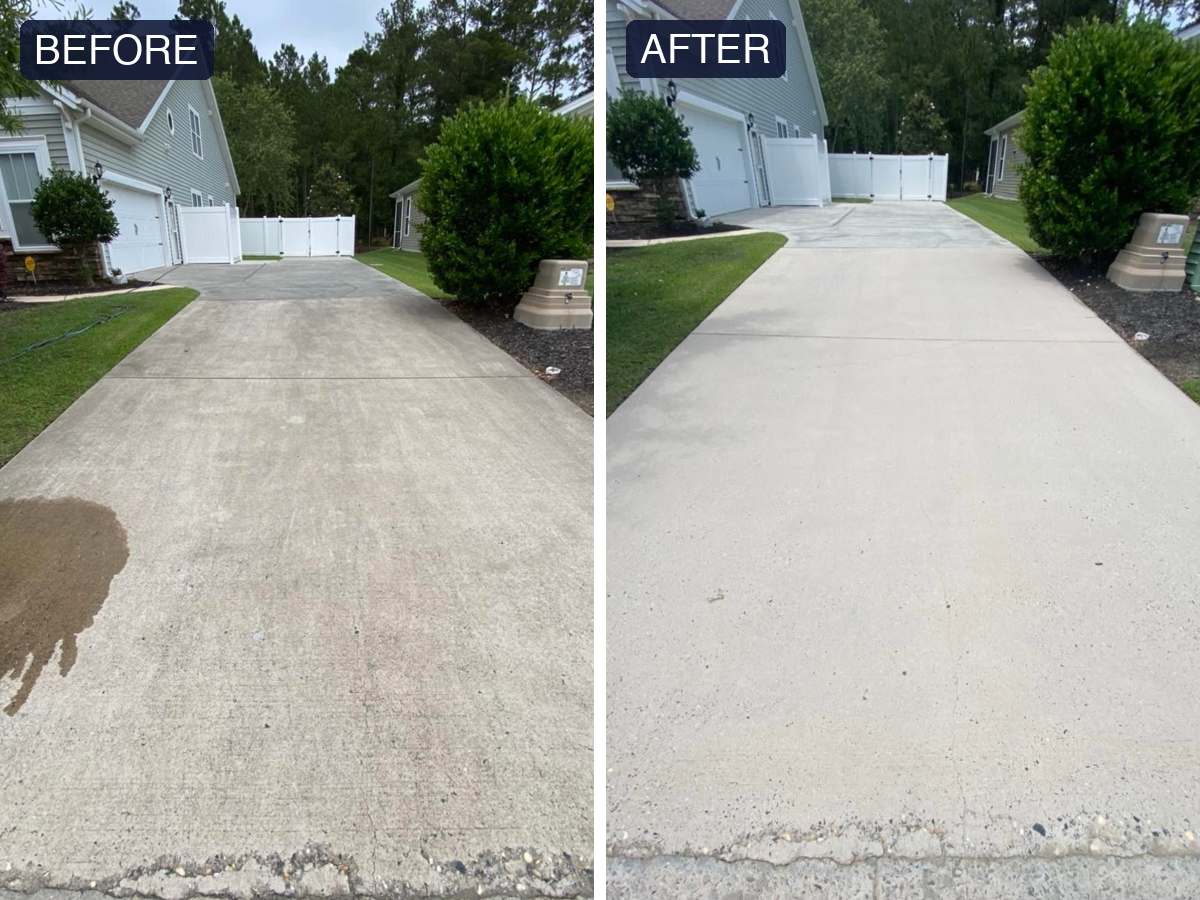Before and after of a stained concrete driveway cleaned bright