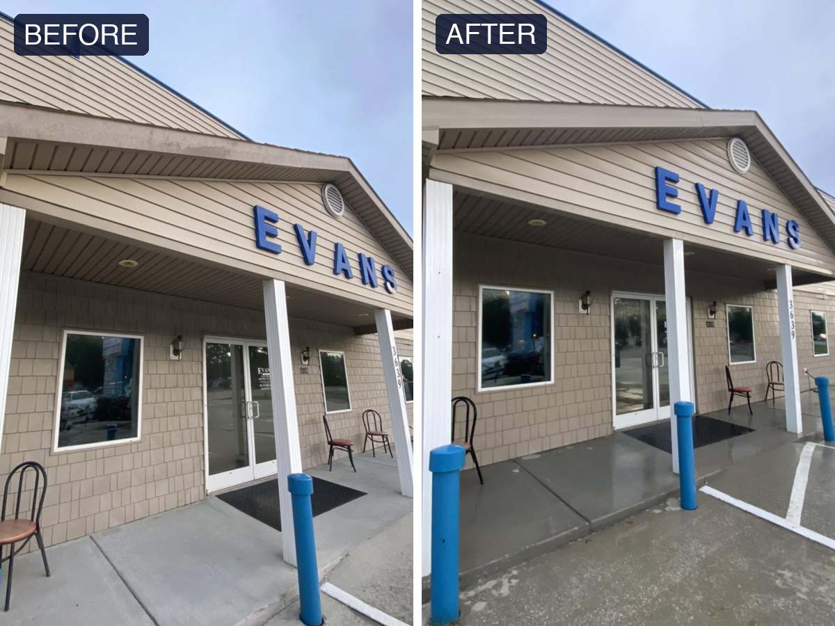Before and after soft wash of a commercial storefront